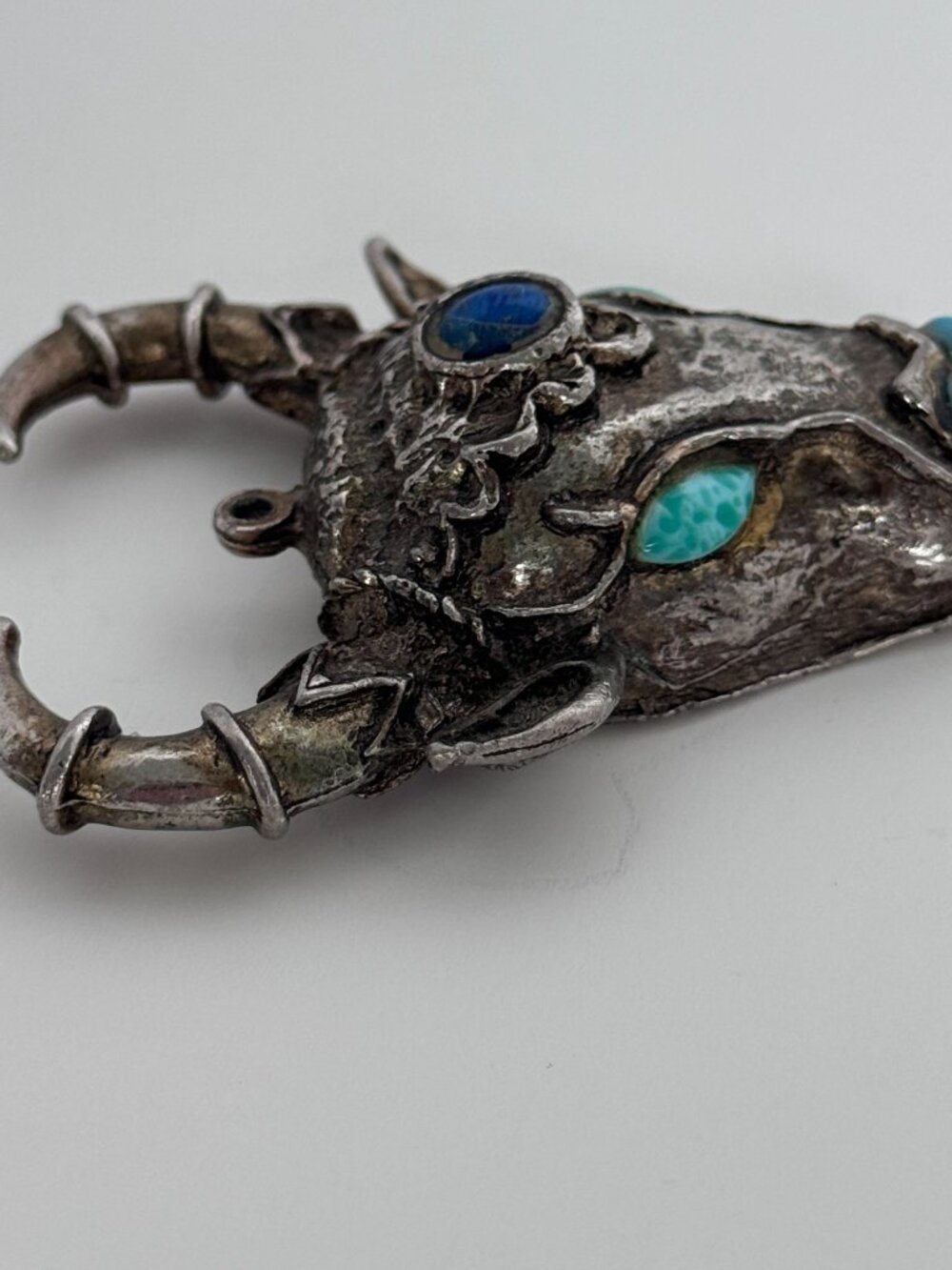 Bull Head Pendant Silver Tone Taurus Boho Mid Century Jewelry Vintage Ox Skull - Picture 7 of 11